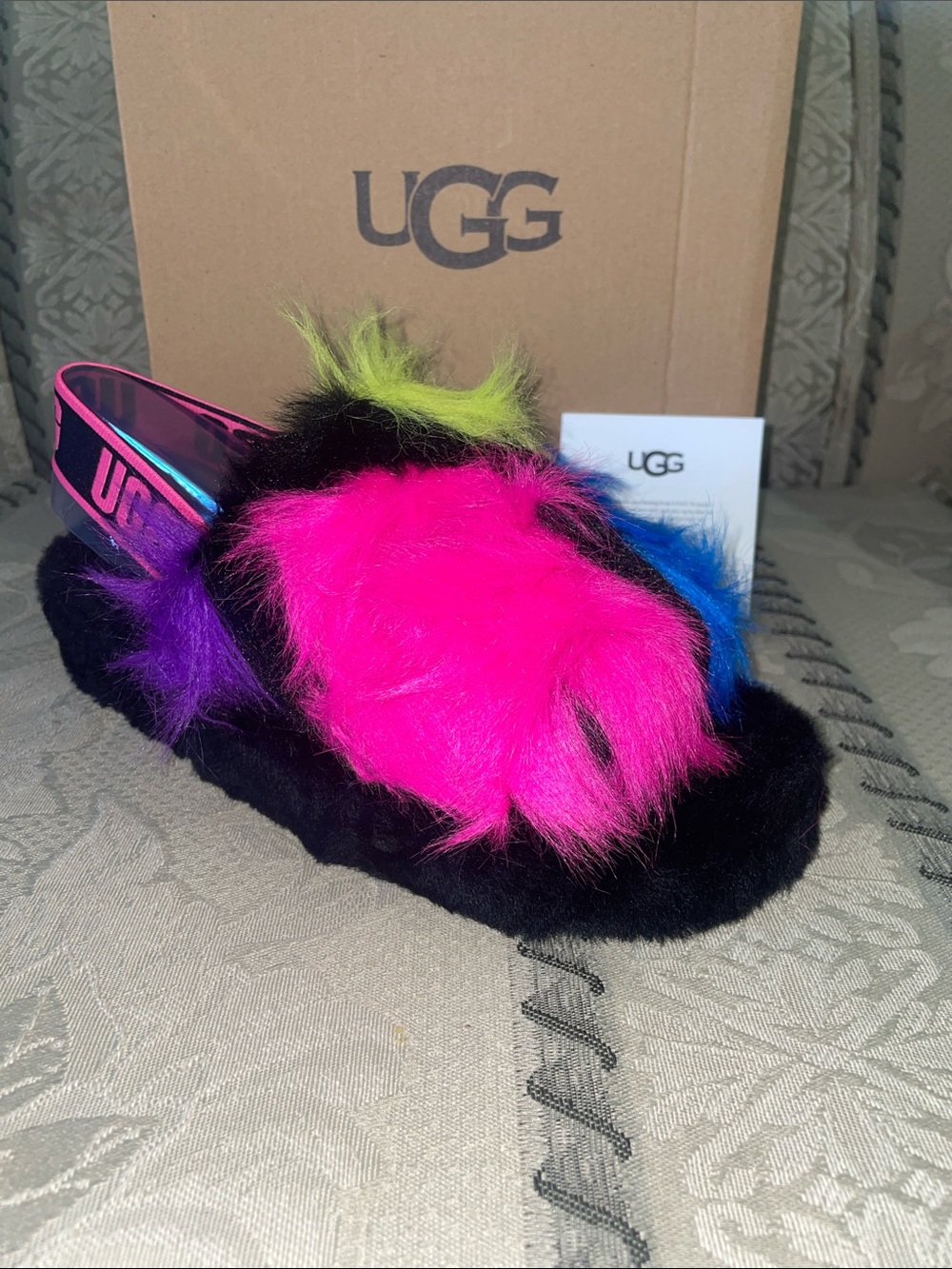 UGG Multicolor Fuzz Slide with Pink Logo Strap